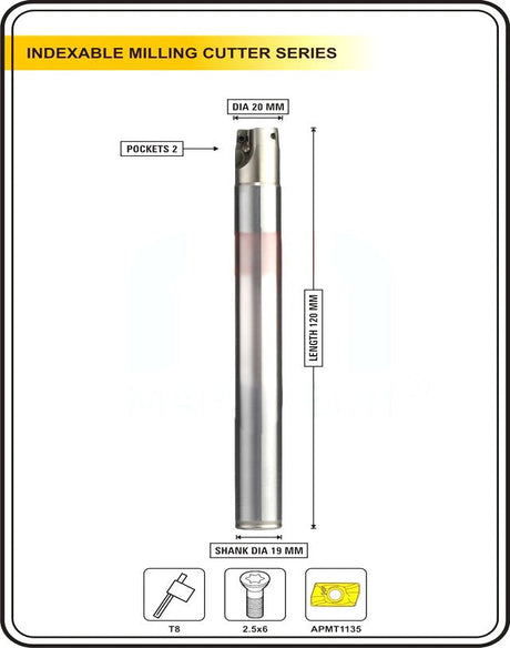 Indexable Insert Endmill 20 MM ~ Shank 19 / 20 mm II Pack of APMT1135 Carbide 10 x Inserts Free