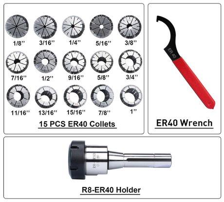 15 Pc ER40 Precision Collet Set with R8 Bridgeport Shank Holder & Wrench Milling & Drilling