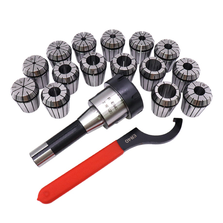 15 Pc ER40 Precision Collet Set with R8 Bridgeport Shank Holder & Wrench Milling & Drilling