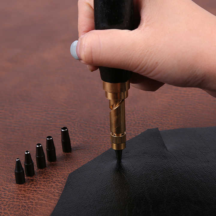 Screw Punch Set Wood Handle Belt Hole Puncher, Adjustable Leather Hole Punch Tool