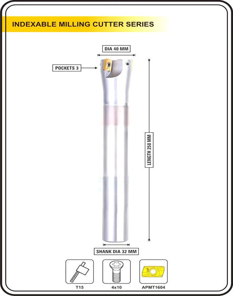 Indexable Insert Endmill 40 MM II 3 Pocket II 10 Pcs APMT1604 Carbide Inserts Free