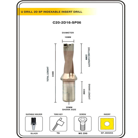 Indexable Insert U Drill 16 MM II Weldon Shank II Through Coolant II 10 pcs Carbide Inserts FREE