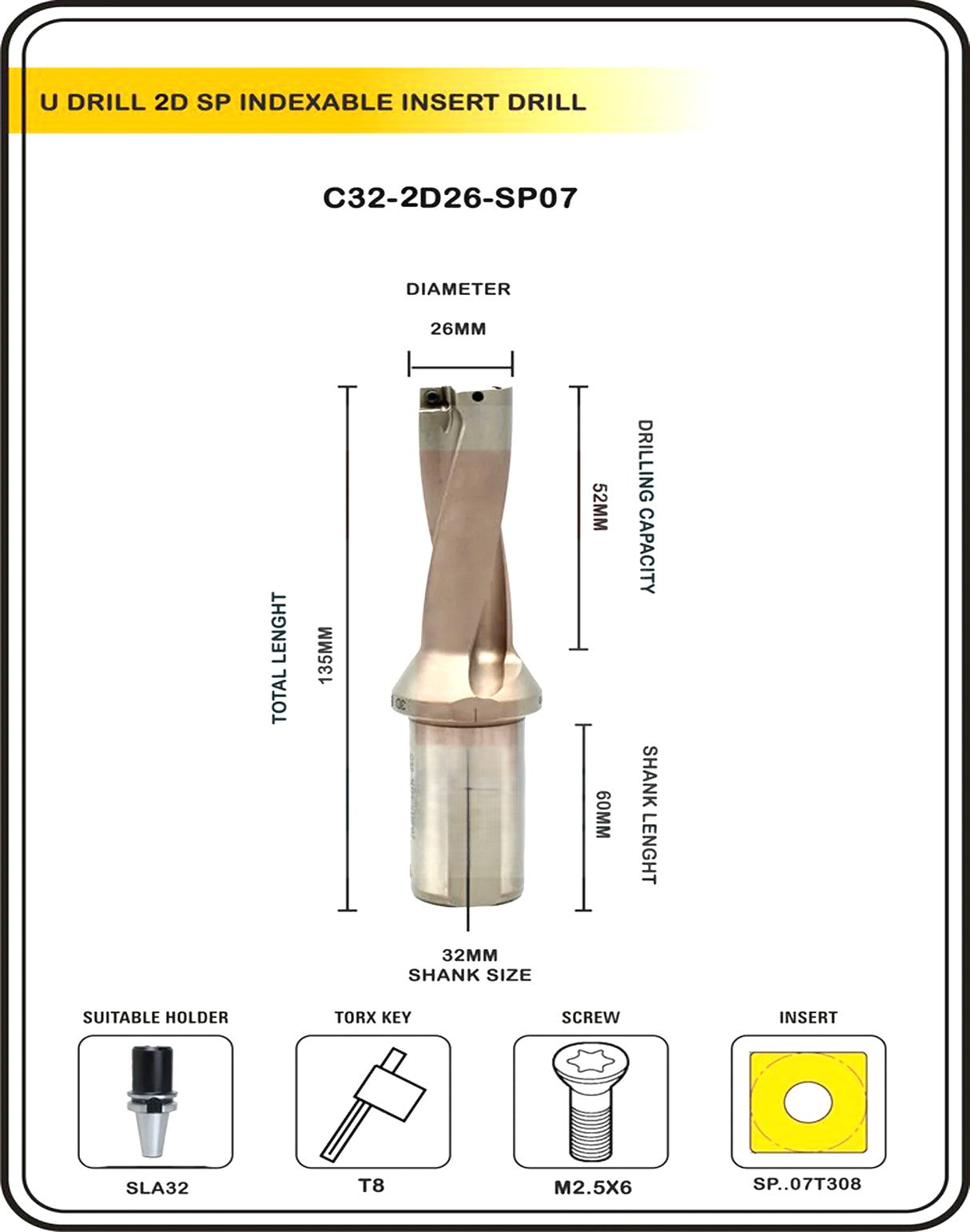 Indexable Insert U Drill 26 MM II Weldon Shank II Through Coolant II 10 pcs Carbide Inserts FREE