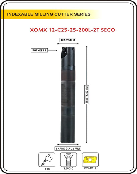 Diameter 32 mm I Shank 25 mm ~ Indexable Insert Endmill 200 Length II 10 Pcs XOMX1204 Carbide Inserts Free