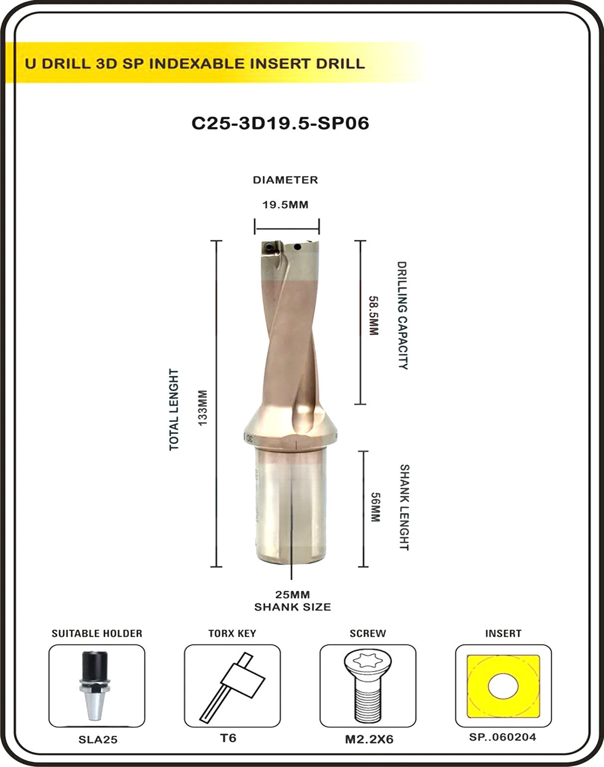 Indexable Insert U Drill 19.5 MM II Weldon Shank II Through Coolant II 10 pcs Carbide Inserts FREE