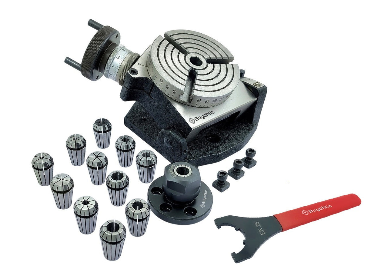 4" | 100mm Tilting 3 slot Rotary table with ER Adopter & T-nuts with Spanner
