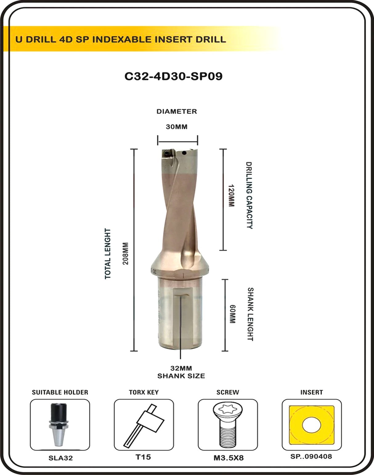 Indexable Insert U Drill 30 MM II Weldon Shank II Through Coolant II 10 pcs Carbide Inserts FREE