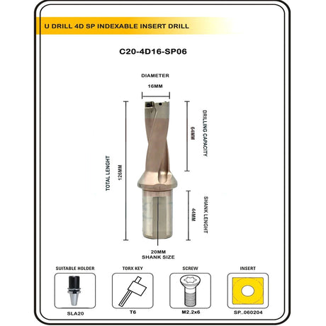 Indexable Insert U Drill 16 MM II Weldon Shank II Through Coolant II 10 pcs Carbide Inserts FREE