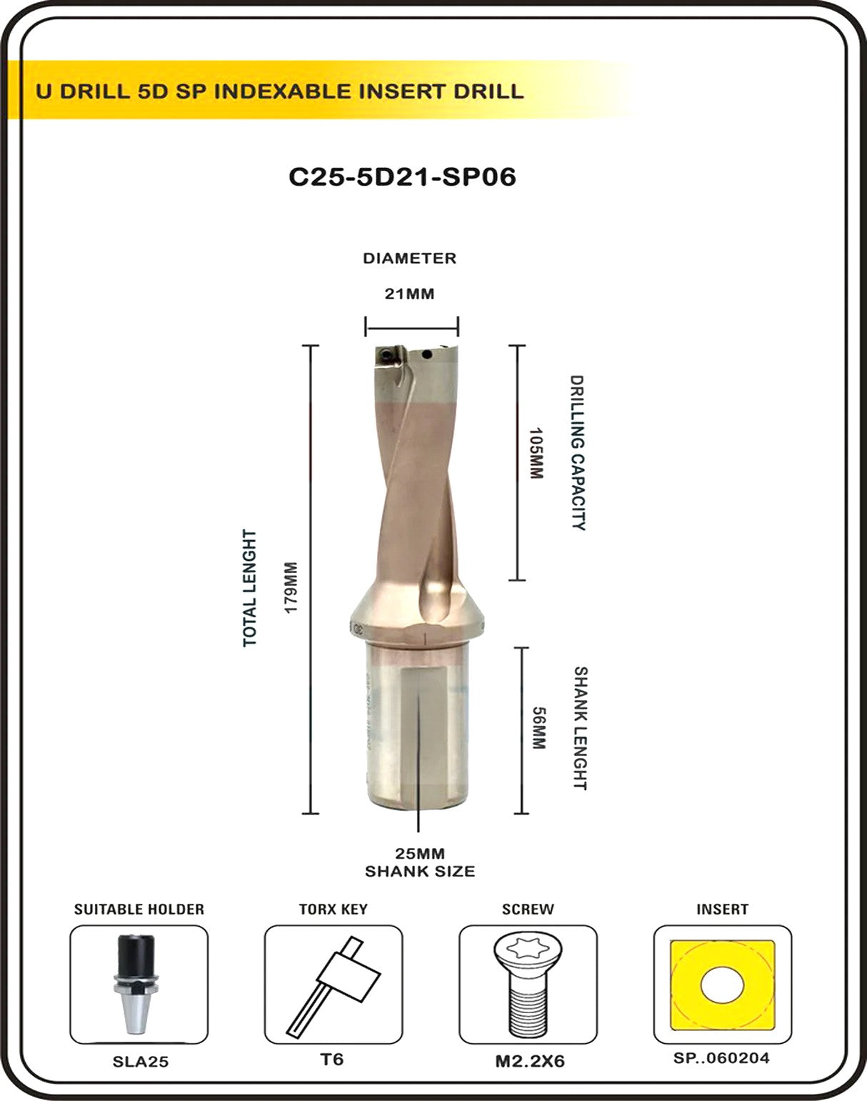 Indexable Insert U Drill 21 MM II Weldon Shank II Through Coolant II 10 pcs Carbide Inserts FREE
