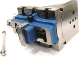 Self centering vise mounted on fixed base vertical slide