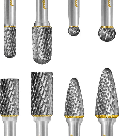 Set of 8 pcs Tungsten Carbide Burr Set 1/4" Shank Wood Stone Carving Cutting Engraving Grinder Kit Attachment Rotary Tool Accessories Set Harder than Diamond