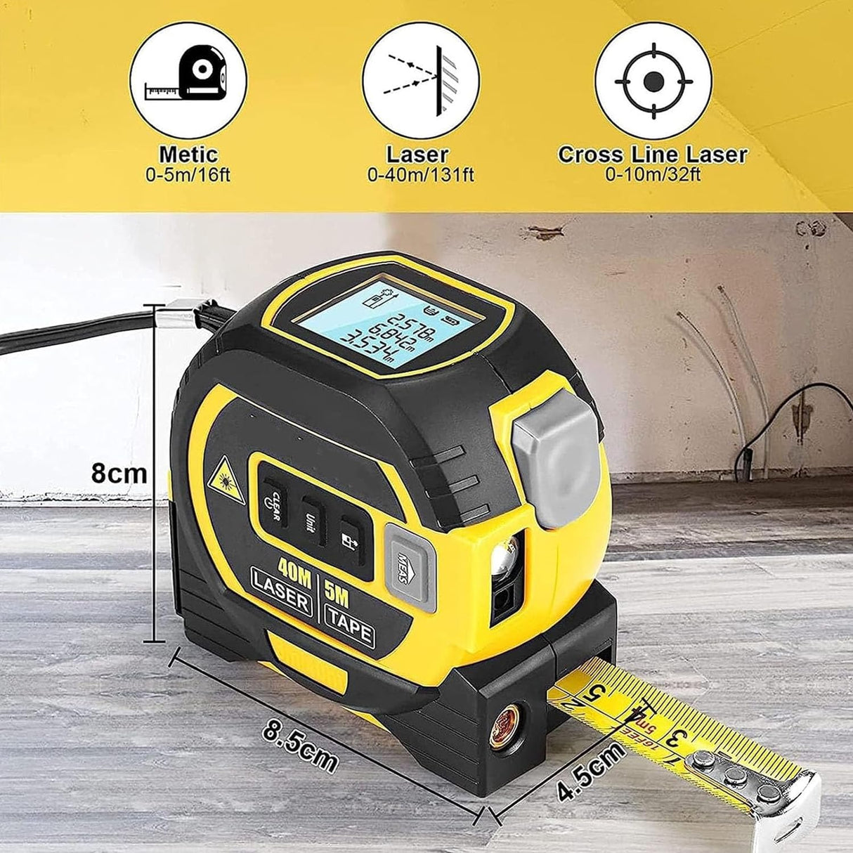 3-in-1 Laser Tape Measure 196 Ft Rechargeable Laser Measurement Tool & 16Ft Measuring Tape Movable Magnetic Hook Pythagorean Mode, Measure Distance, Area and Volume