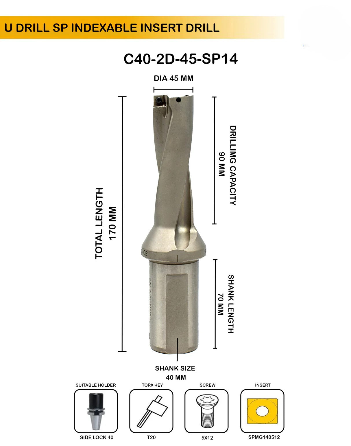 Indexable Insert U Drill 45 MM II Weldon Shank II Through Coolant II 10 pcs Carbide Inserts FREE
