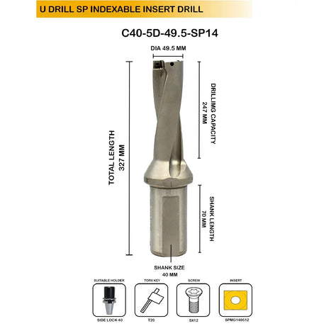 Indexable Insert U Drill 49.5 MM II Weldon Shank II Through Coolant II 10 pcs Carbide Inserts FREE