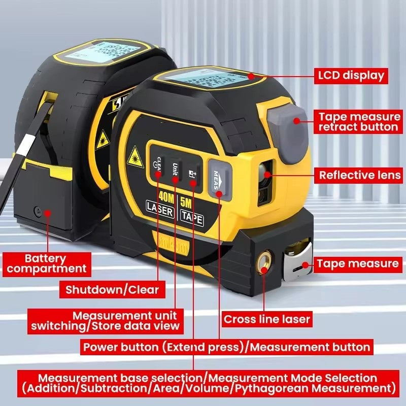 3-in-1 Laser Tape Measure 196 Ft Rechargeable Laser Measurement Tool & 16Ft Measuring Tape Movable Magnetic Hook Pythagorean Mode, Measure Distance, Area and Volume