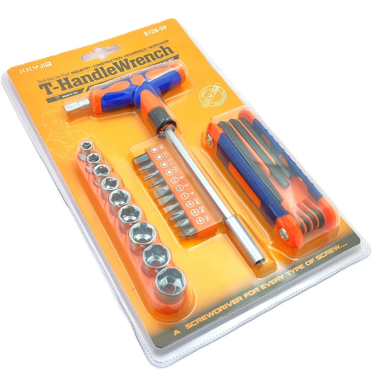 Set of 25 Pcs Magnetic T-Handle Ratchet Wrench and Screwdriver Set 9 Pc x sockets, 10 Pcs x Screw driver heads Set, 1 x Allen key Set, & 1 Pc x T-Handle Wrench