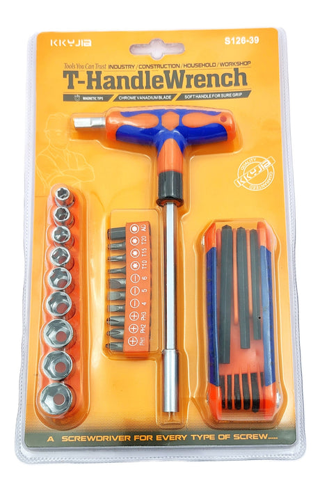 Set of 25 Pcs Magnetic T-Handle Ratchet Wrench and Screwdriver Set 9 Pc x sockets, 10 Pcs x Screw driver heads Set, 1 x Allen key Set, & 1 Pc x T-Handle Wrench