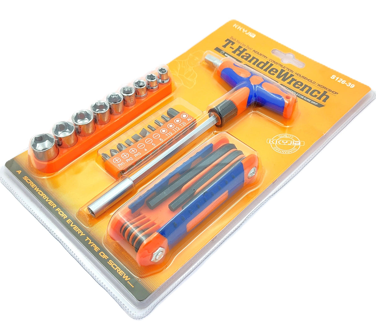 Set of 25 Pcs Magnetic T-Handle Ratchet Wrench and Screwdriver Set 9 Pc x sockets, 10 Pcs x Screw driver heads Set, 1 x Allen key Set, & 1 Pc x T-Handle Wrench