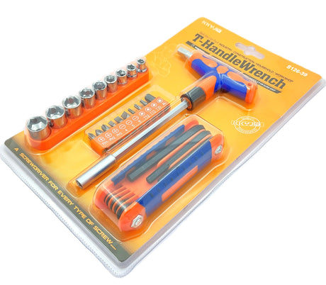 Set of 25 Pcs Magnetic T-Handle Ratchet Wrench and Screwdriver Set 9 Pc x sockets, 10 Pcs x Screw driver heads Set, 1 x Allen key Set, & 1 Pc x T-Handle Wrench