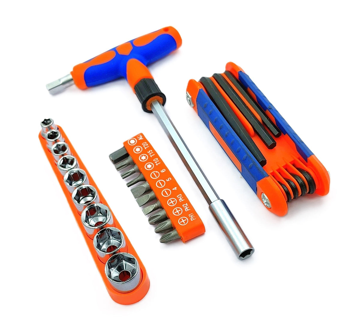 Set of 25 Pcs Magnetic T-Handle Ratchet Wrench and Screwdriver Set 9 Pc x sockets, 10 Pcs x Screw driver heads Set, 1 x Allen key Set, & 1 Pc x T-Handle Wrench
