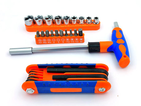 Set of 25 Pcs Magnetic T-Handle Ratchet Wrench and Screwdriver Set 9 Pc x sockets, 10 Pcs x Screw driver heads Set, 1 x Allen key Set, & 1 Pc x T-Handle Wrench