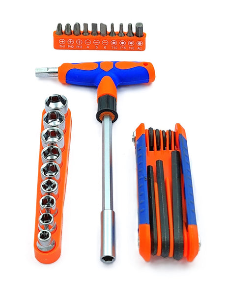 Set of 25 Pcs Magnetic T-Handle Ratchet Wrench and Screwdriver Set 9 Pc x sockets, 10 Pcs x Screw driver heads Set, 1 x Allen key Set, & 1 Pc x T-Handle Wrench
