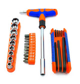 Set of 25 Pcs Magnetic T-Handle Ratchet Wrench and Screwdriver Set 9 Pc x sockets, 10 Pcs x Screw driver heads Set, 1 x Allen key Set, & 1 Pc x T-Handle Wrench