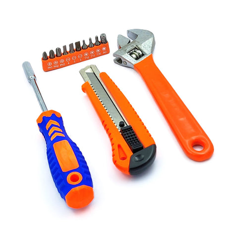 4 Pcs Combo of Retractable Utility Knife , Adjustable Wrench and 10 Pcs Multi-bits, Ratcheting Screwdriver tool set