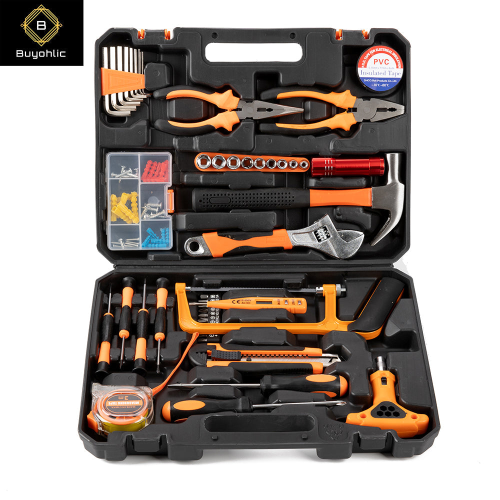 Buyohlic  44 Pcs Complete Repair General Hand Tool Set for Men Women - Household Tool Kit for Home Improvement with Hammer & Pliers Set & Ratchet Wrench & Socket & Protable Tool Box Case
