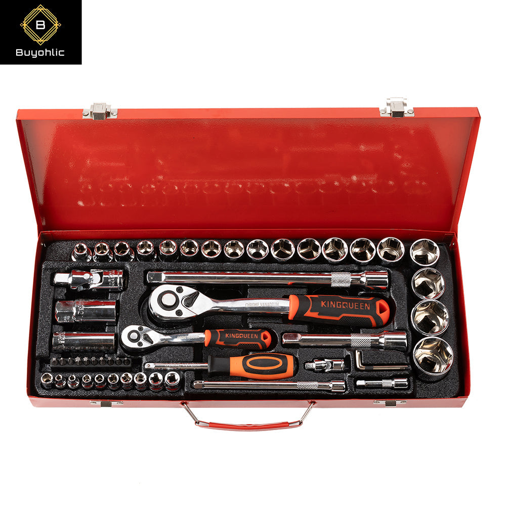 Buyohlic 41-Pieces Drive Socket Set 1/4'' and 1/2'' Metric and Imperial Sockets Quick Release Reversible Ratchet