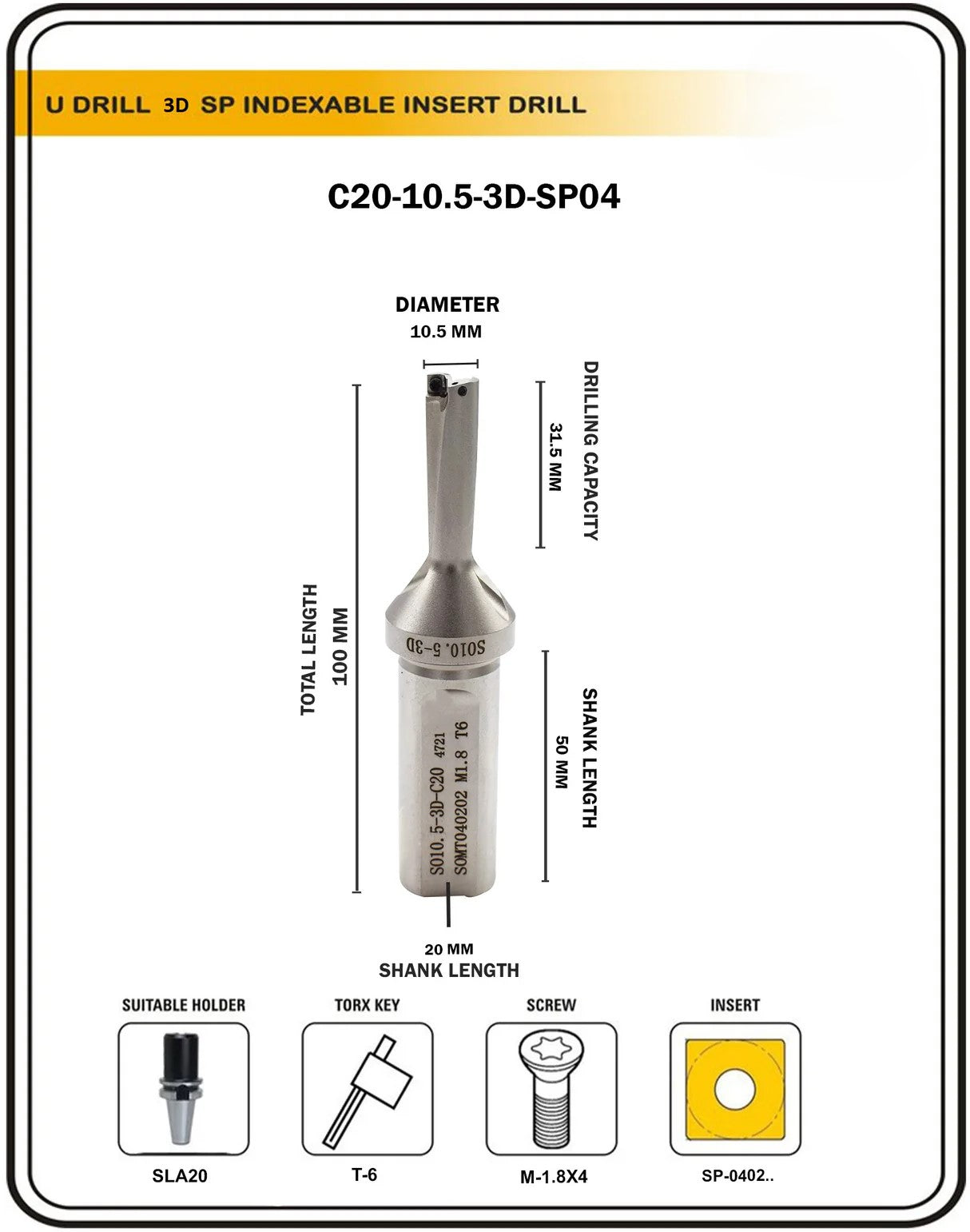 Indexable Insert U Drill 10.5 MM II Weldon Shank II Through Coolant II 10 pcs Carbide Inserts FREE