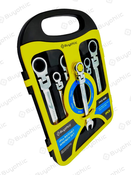 Buyohlic 7-Piece Flex-Head Metric Ratcheting Wrench Set Metric 8 to 19mm Standard Spanners CR-V Steel, with Organizer Rack