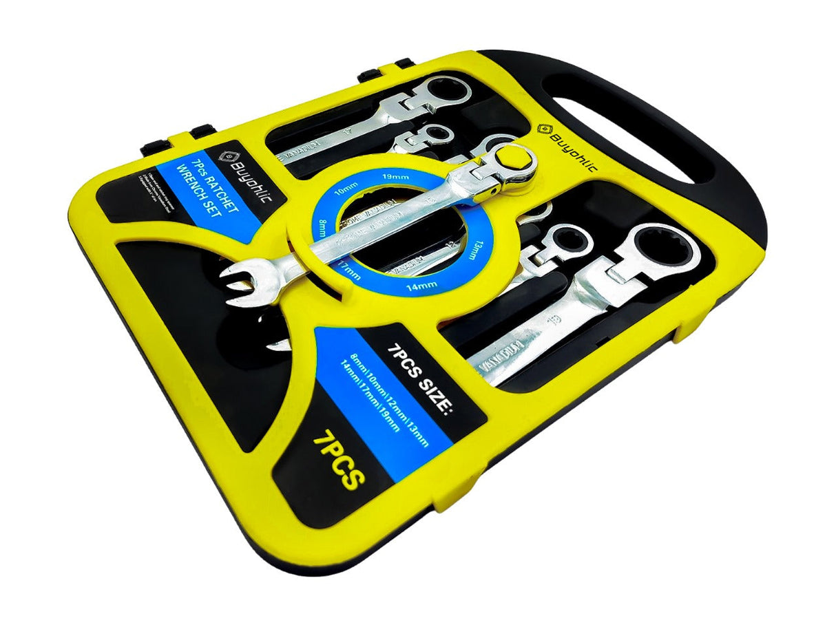 Buyohlic 7-Piece Flex-Head Metric Ratcheting Wrench Set Metric 8 to 19mm Standard Spanners CR-V Steel, with Organizer Rack