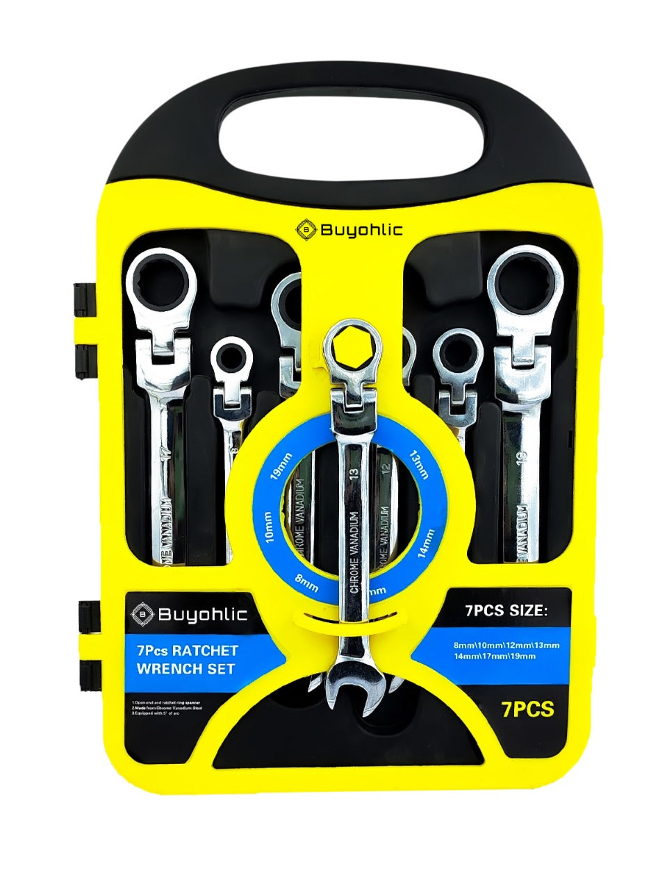 Buyohlic 7-Piece Flex-Head Metric Ratcheting Wrench Set Metric 8 to 19mm Standard Spanners CR-V Steel, with Organizer Rack