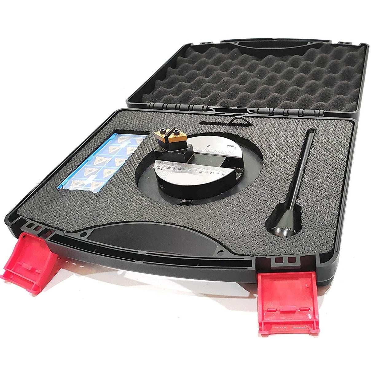 Side view showing ball turning attachment and lathe tool bit set