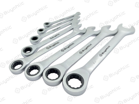 Buyohlic 8 Pcs Ratcheting Wrench Set Matt Finish with Rack Organizer Premium CR-V Steel 72 Teeth