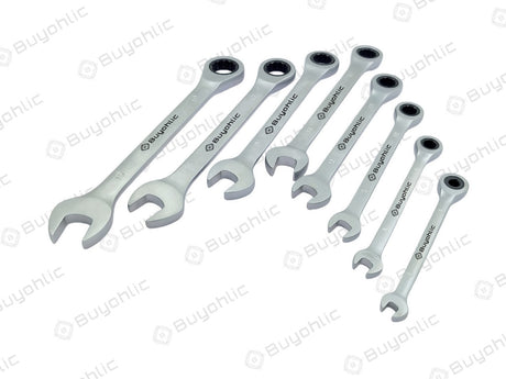 Buyohlic 8 Pcs Ratcheting Wrench Set Matt Finish with Rack Organizer Premium CR-V Steel 72 Teeth
