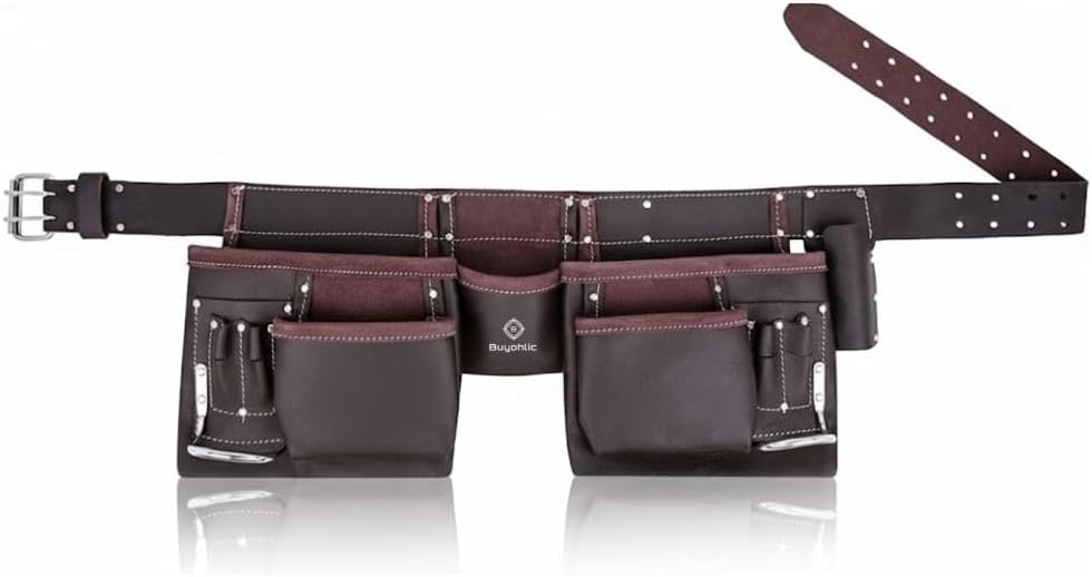 Leather Tool Belt Pouch Bag, 12-Pocket Extra Large Carpenter Tool Belt for Construction, Framers & Handyman, Fits 28″–40″ Waist