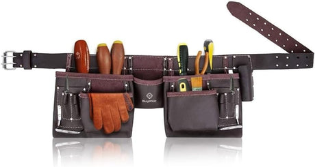 Leather Tool Belt Pouch Bag, 12-Pocket Extra Large Carpenter Tool Belt for Construction, Framers & Handyman, Fits 28″–40″ Waist