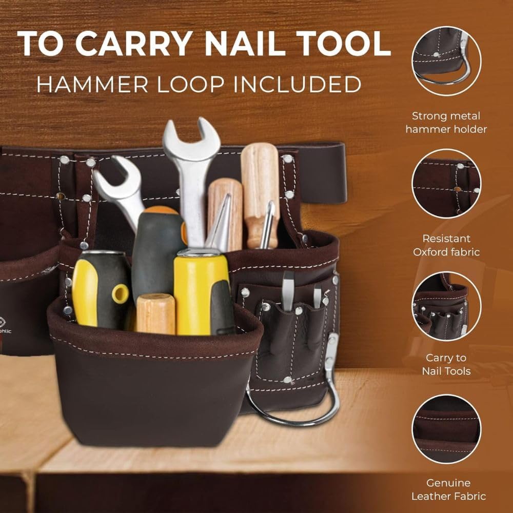 Leather Tool Belt Pouch Bag, 12-Pocket Extra Large Carpenter Tool Belt for Construction, Framers & Handyman, Fits 28″–40″ Waist