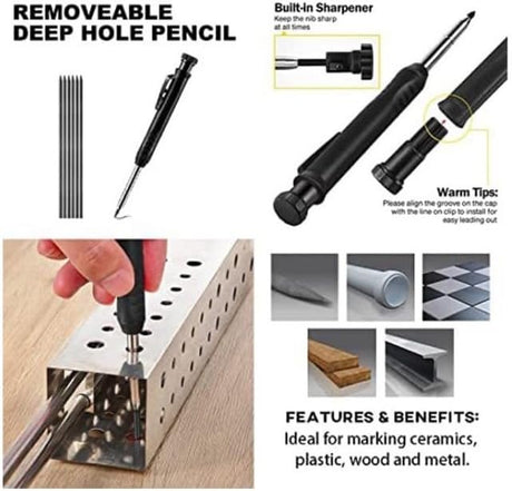 Aluminum Alloy Scribe Tool with Deep Hole Pencil, Construction Pencil Multi-function Scribing Tool- Construction Pencil
