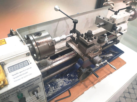 Side view of installed Lathe Ball Turning Attachment setup