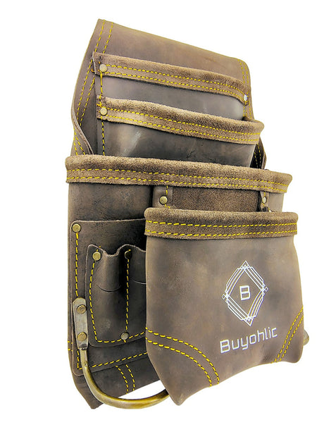 Heavy- Duty Leather Tool Pouch Bag for Drywall Contractors, Oil-Tanned Belt Pouches with Hammer Loop, Tool Organizer