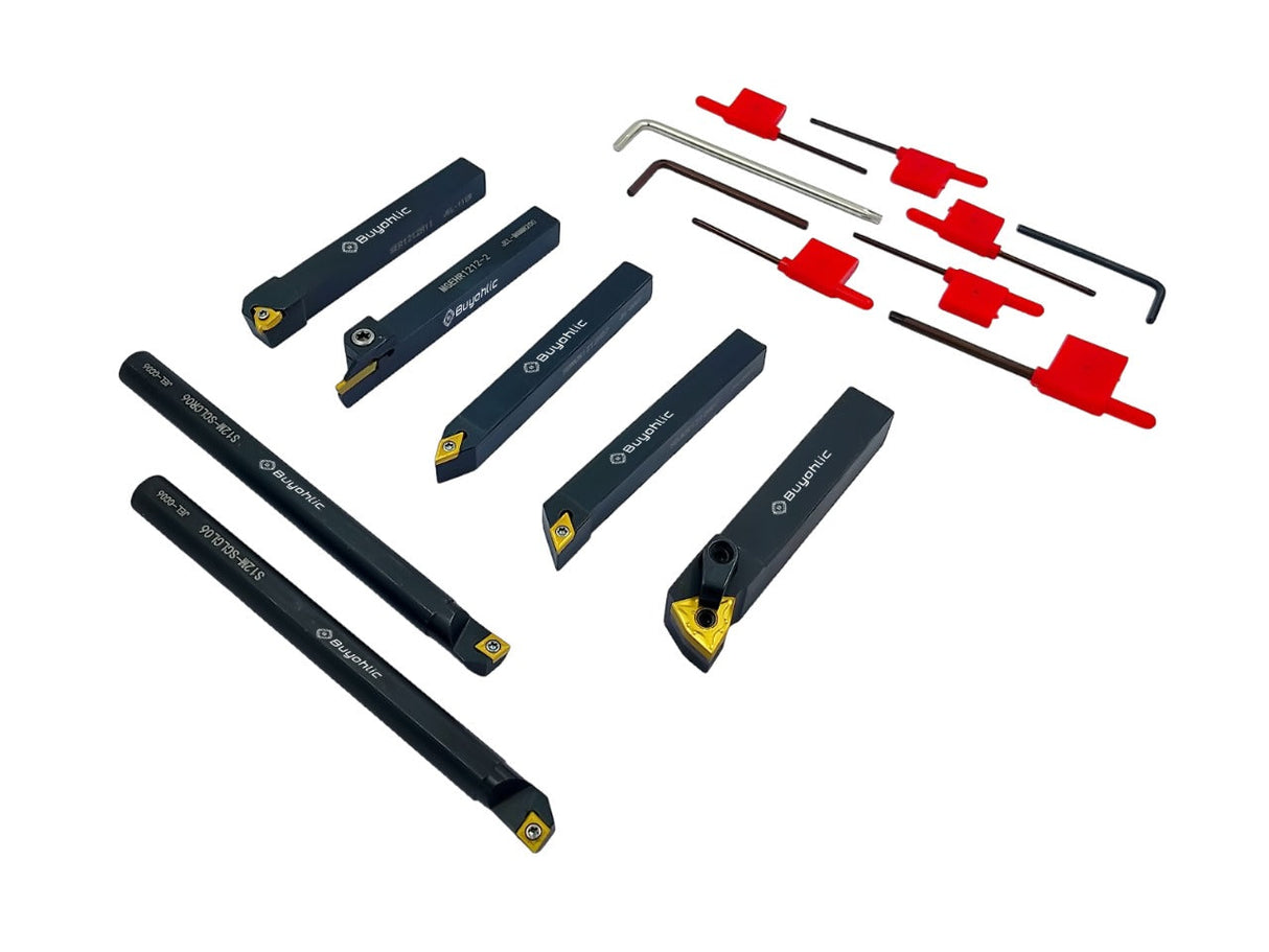 7 Pieces Carbide Turning Tool Set Indexable Lathe Turning / Grooving / Threading Tool-1/2" Shank with Tin Coated Carbide Inserts Turning insert