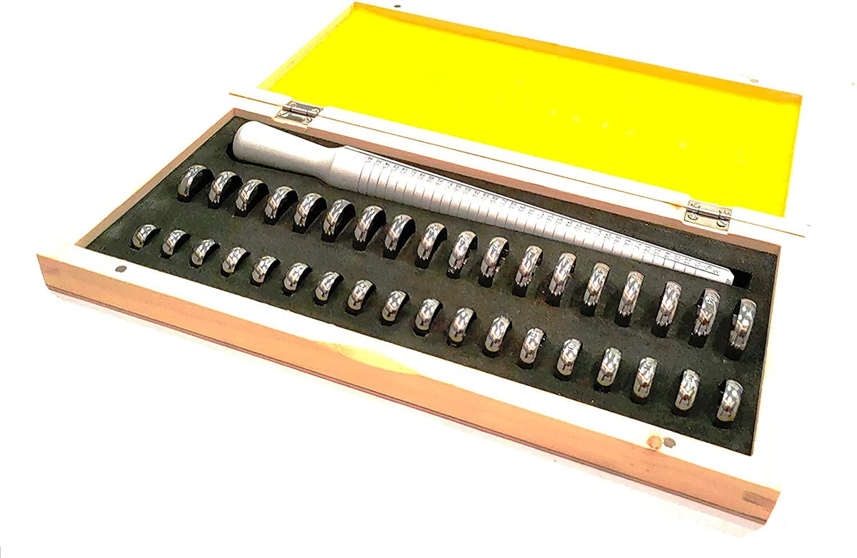 Standard Aluminum Jewelry Ring Sizer Stick Gauge with 4 International Marking of USA & Euro Sizes & Jewelry 36 pcs Metal Rings Size Range Mandrel