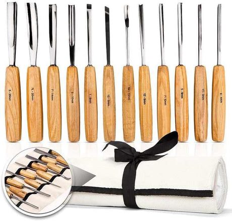 Wood Carving Tools, 12-Piece Wood Whittling Kit with Mallet and Canvas Case Woodworking Chisel Set for Beginners and Professionals