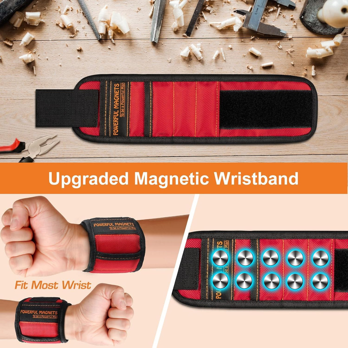 Magnetic Wristband for Holding Screws, Nails, Super Strong Magnets Tools Gifts for Dad